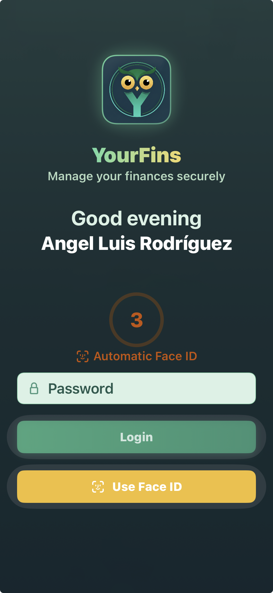 YourFins Login Screen